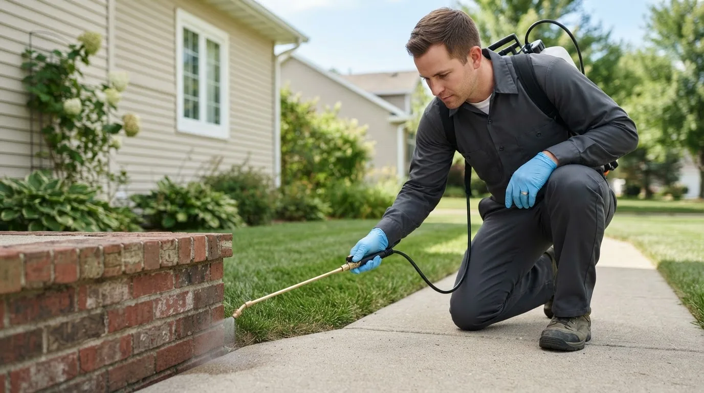 Pest control technician treating a home near Lovilia, IA