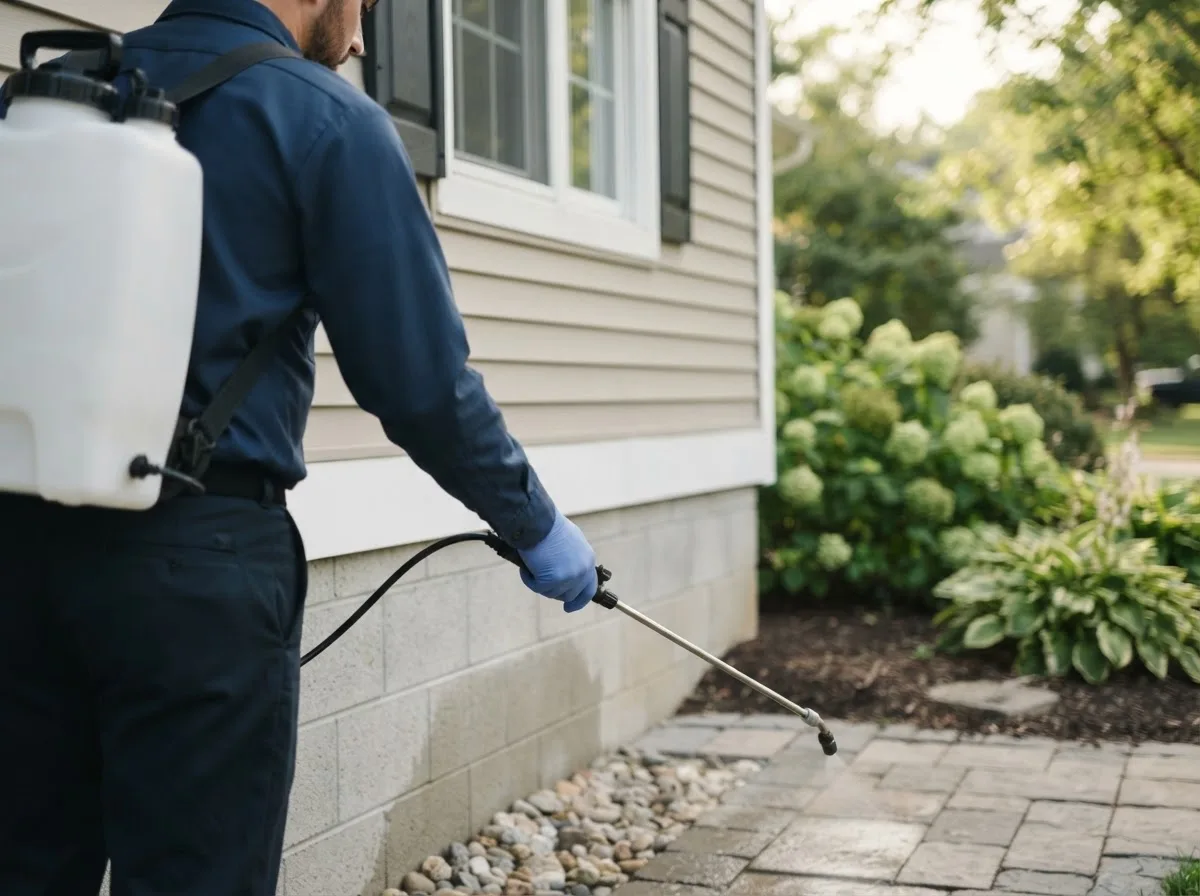 Pest control technician inspecting a home in Lovilia, IA